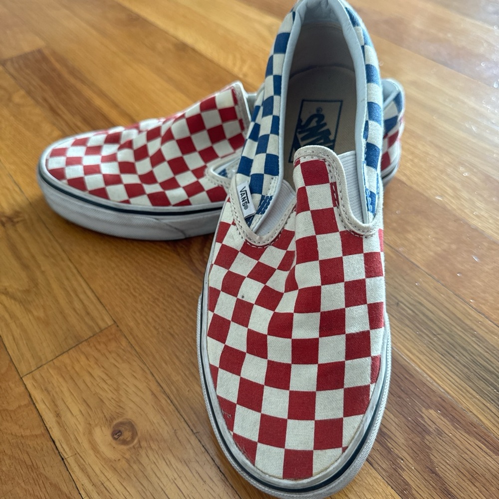 Vans Kids Red and Blue Checkerboard Slip-On Sneakers